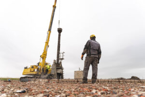 Mitarbeiter von Thade Gerdes überwacht eine Pfahlgründung